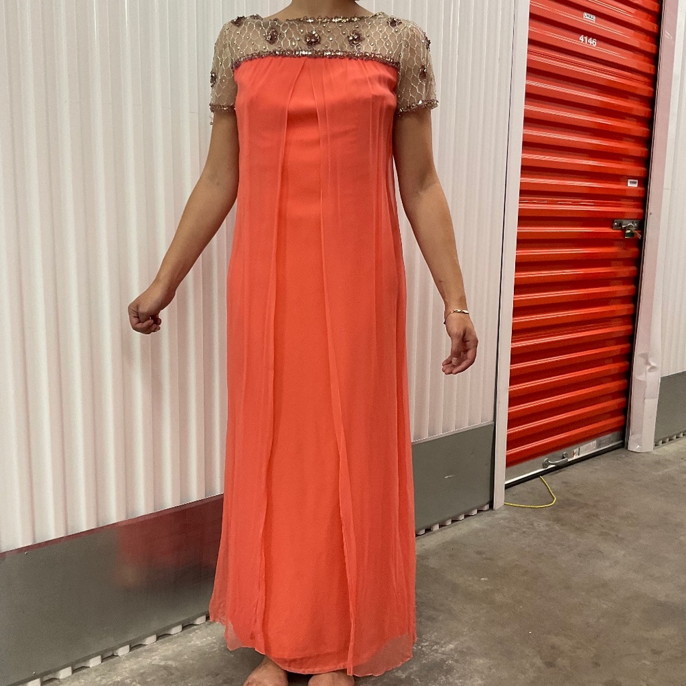 1970s Peach Chiffon Beaded Vintage Evening Gown